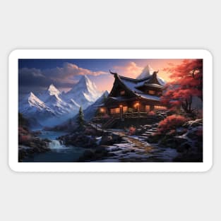 Beautiful house by the water There is a beautiful mountain scenery. Sticker